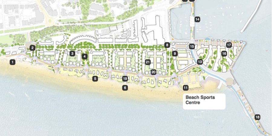 These plans show the locations of development areas in the Folkestone seafront area number 11 shows the plans for the site of onyx.